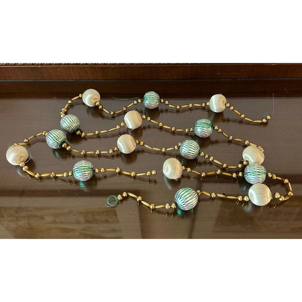 Vintage Christmas Garland Satin Silk Wrapped Balls Green Gold Beads Retro 72''